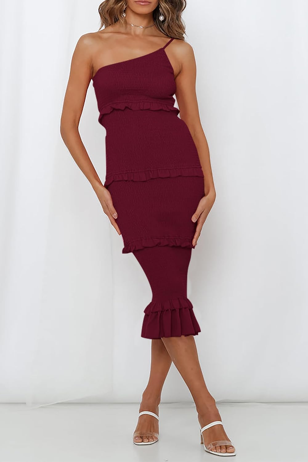 PRETTYGARDEN Women's Summer Midi Bodycon Dresses One Shoulder Strappy Tiered Ruffle Floral Boho Sun Dress