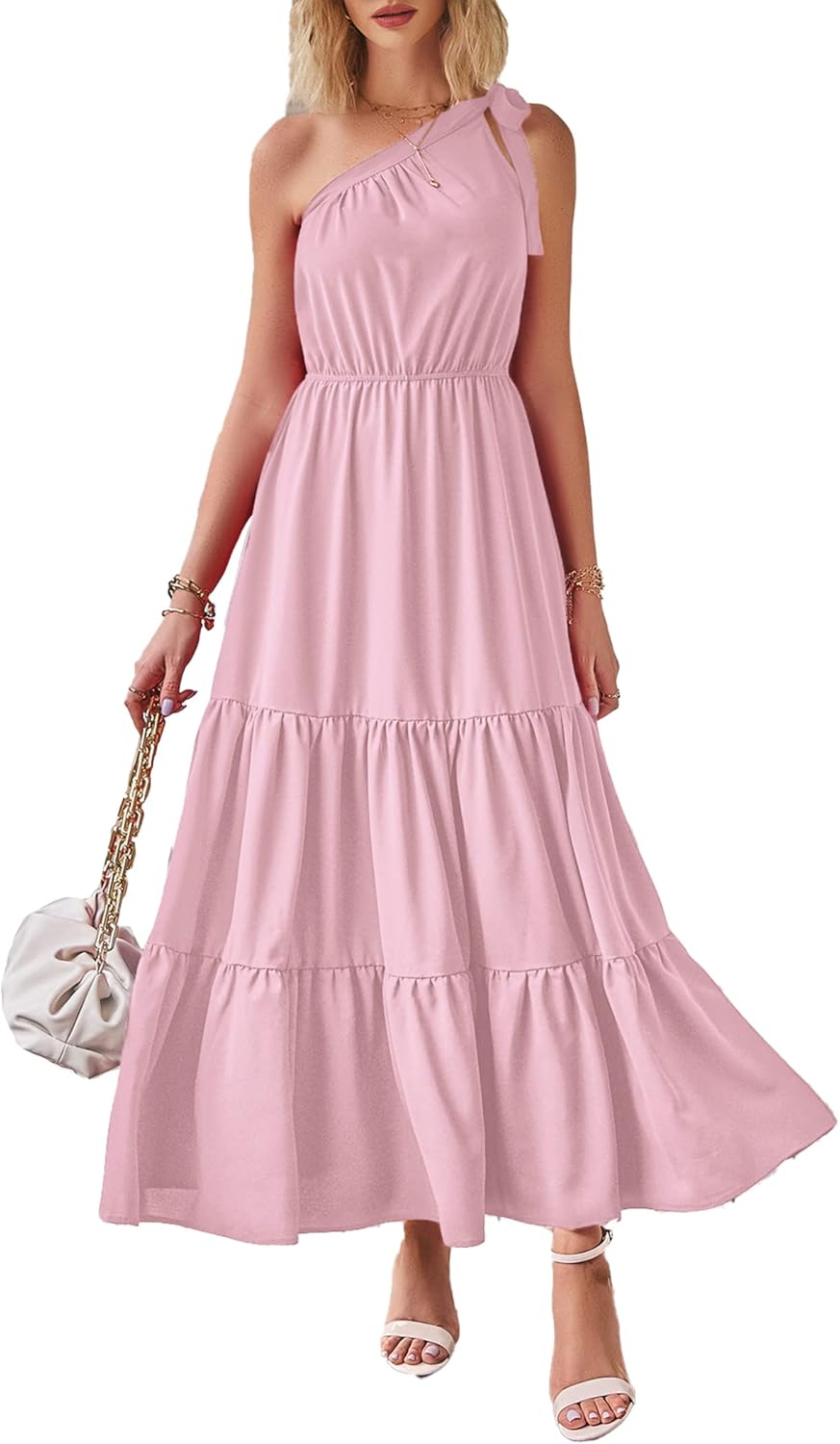 PRETTYGARDEN Women's Summer Floral Maxi Dress Knot One Shoulder Sleeveless Ruffle Flowy Boho Beach Wedding Guest Dresses