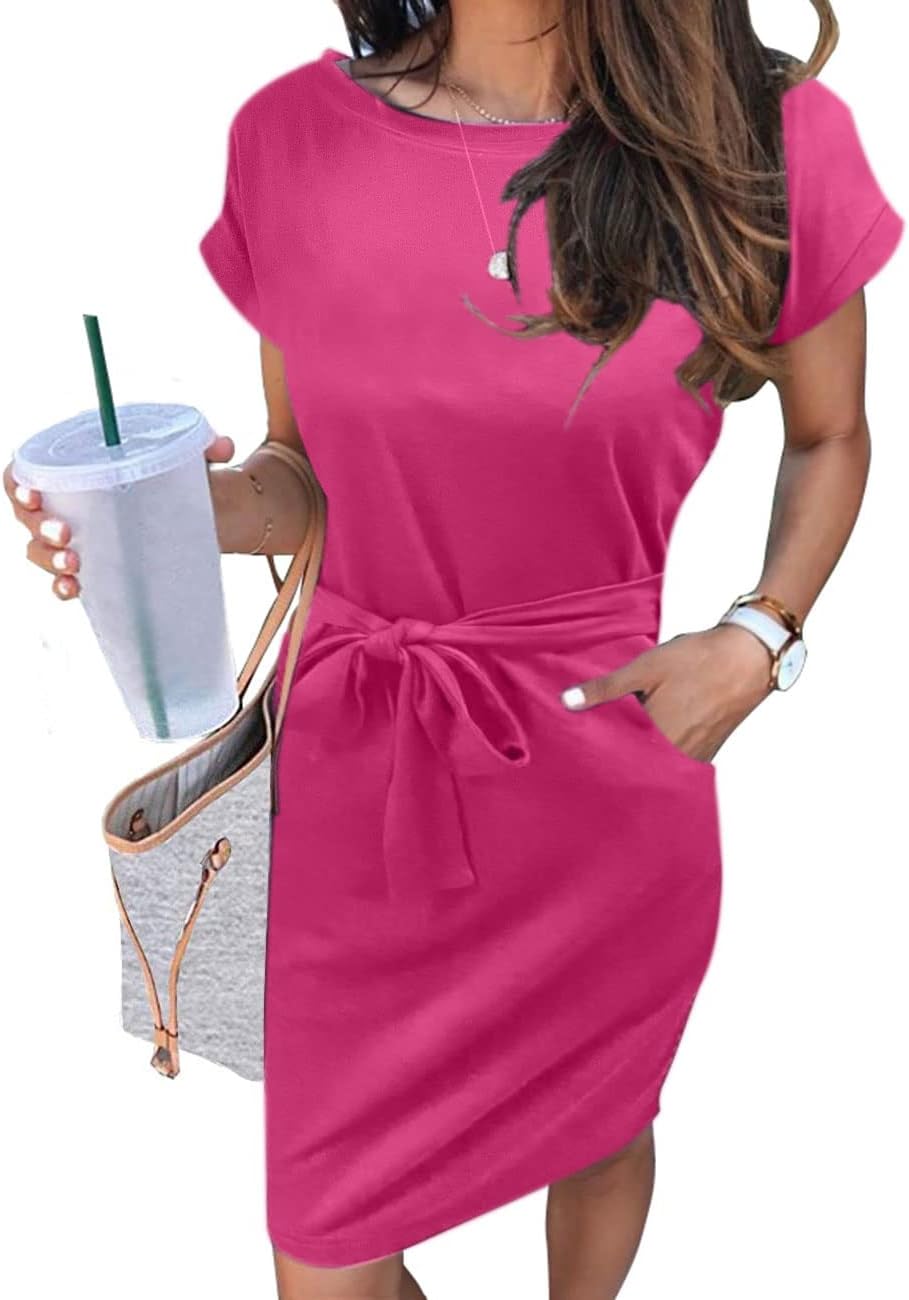 MEROKEETY Women's Summer Striped Short Sleeve T Shirt Dress Casual Tie Waist with Pockets