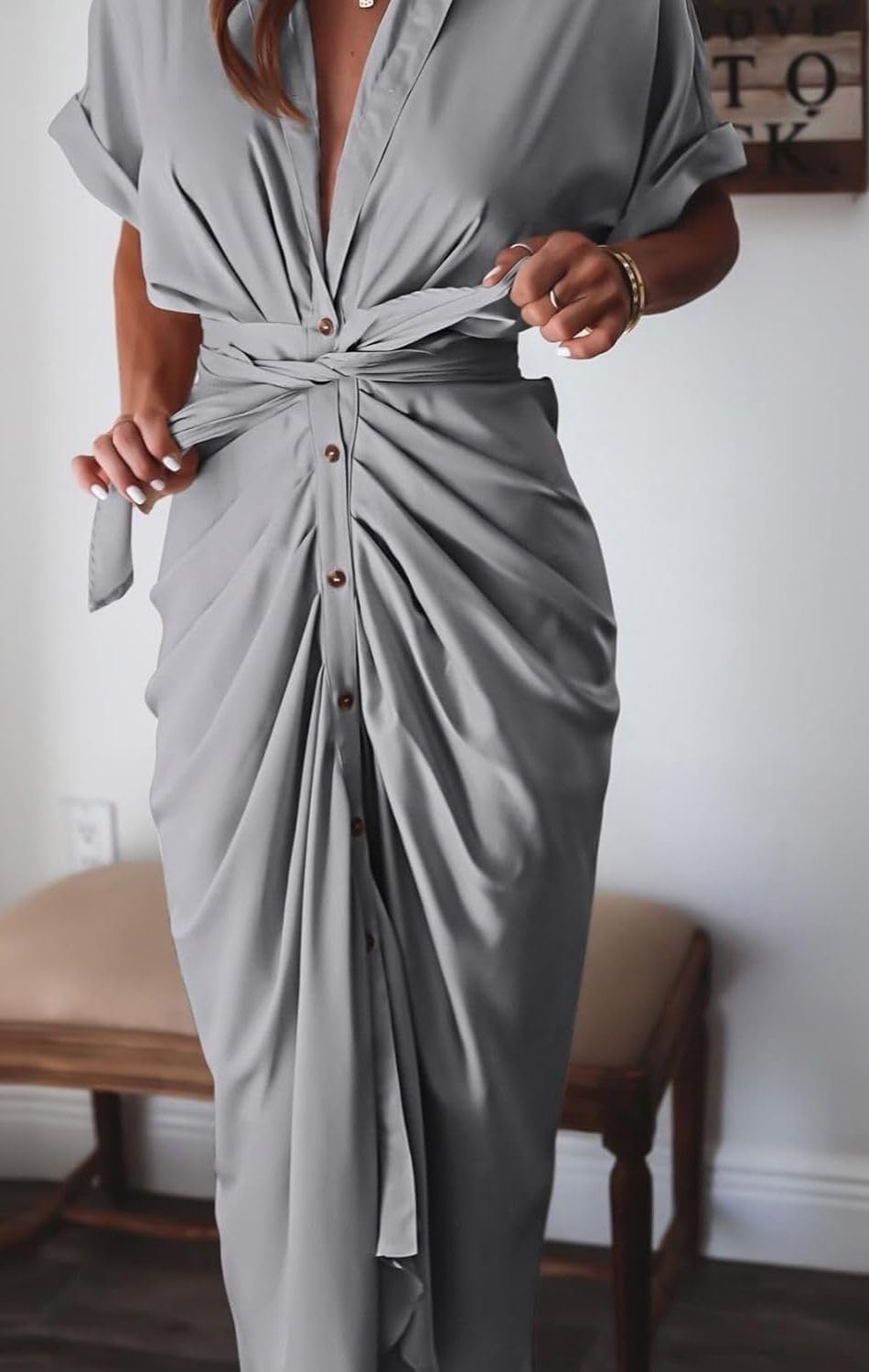 Women's Swing Classic Cute Maxi Ruched Breathable Shirt Dresses Bownot Slim Fitted Dress
