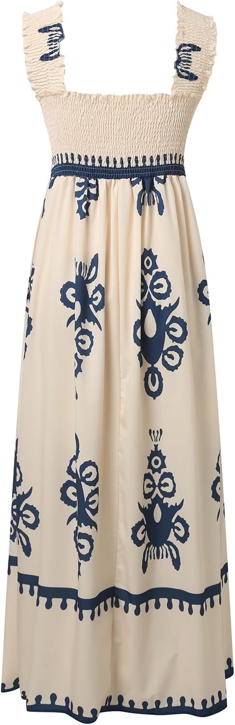 Women's Summer Dresses Sleeveless Casual Boho Maxi Long Dress Square Neck Smocked Floral Beach Vacation Sundresses 3
