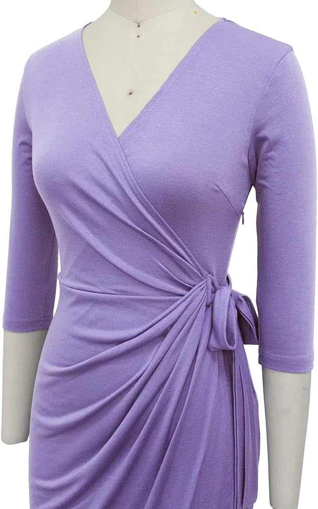 Berydress Women's Classic 3/4 Sleeve V Neck Sheath Casual Party Work Faux Black Wrap Dress