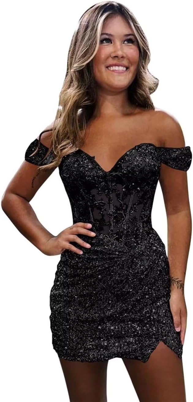 Sparkly Off Shoulder Sequin Homecoming Dresses 2025 Short Tight Mermaid Cocktail Dress Teens HOCO Corset Gowns