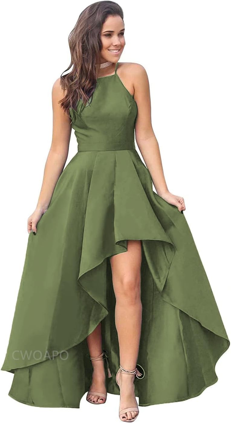 CWOAPO Halter High Low Bridesmaid Dress Evening Dress Satin Homecoming Dresses A Line Cocktail Gowns with Pockets