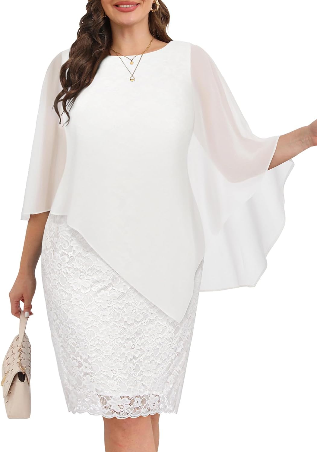 Plus Size Dresses Wedding Guest - Mother Bride Semi Formal Lace Cape with Chiffon Overlay Dresses