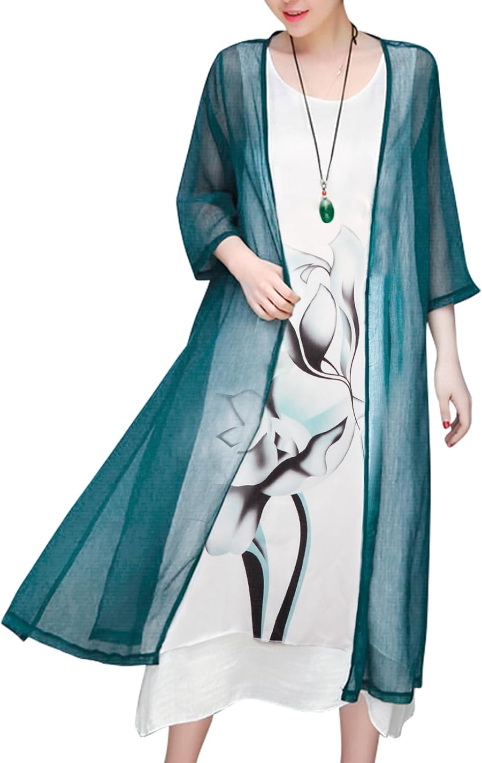 Honwenle Women's Linen Dress 2 Piece Outfit Floral Sleeveless Loose Maxi Summer Dresses with Jacket Formal Casual