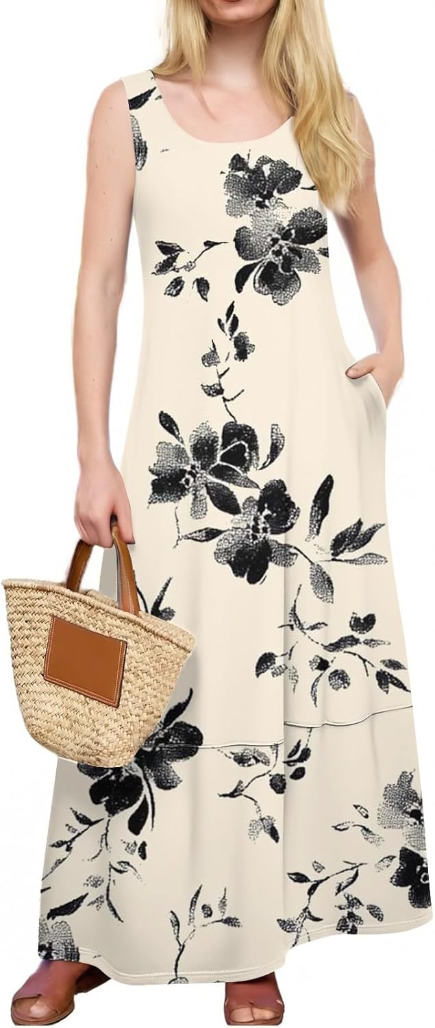 Womens Summer Tank Dress Vacation Boho Floral Long Dresses with Pockets Resort Wear Swing Beach Sleeveless Sundress