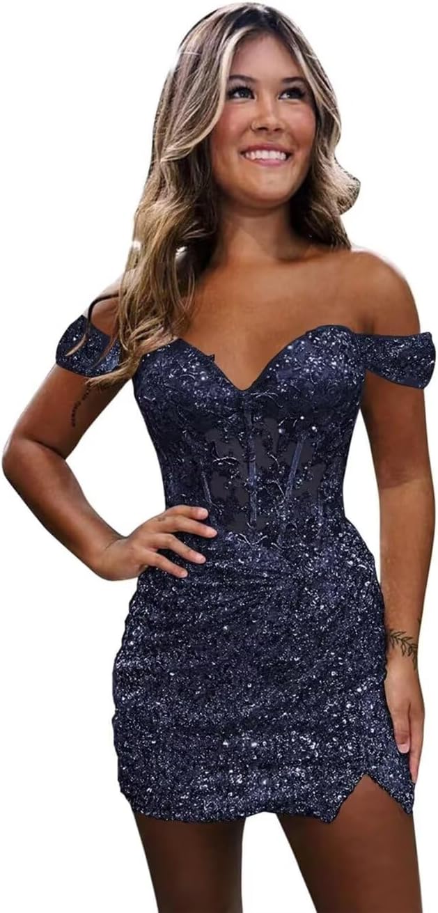 Sparkly Off Shoulder Sequin Homecoming Dresses 2025 Short Tight Mermaid Cocktail Dress Teens HOCO Corset Gowns