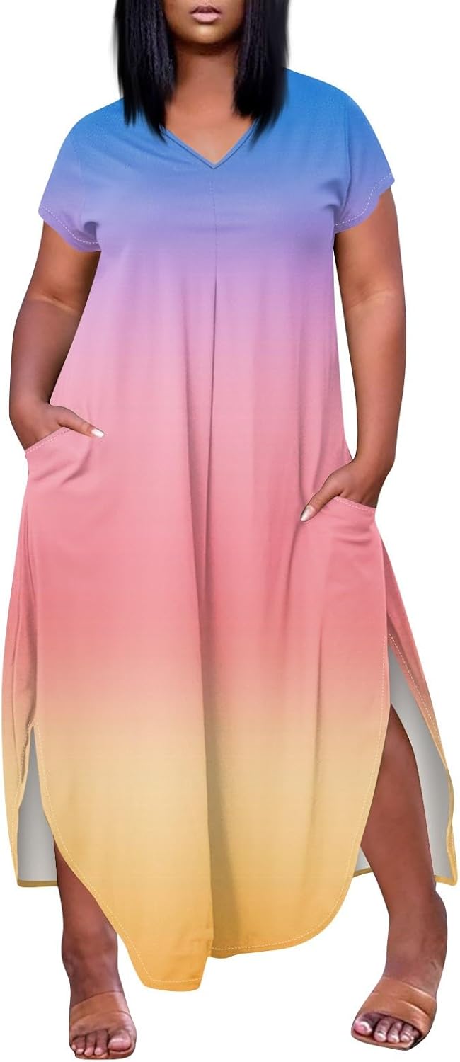 Maxi Dresses for Women 2025 Plus Size Tie Dye V Neck Dress Short Sleeve Side Split Beach Summer Sundress with Pocket