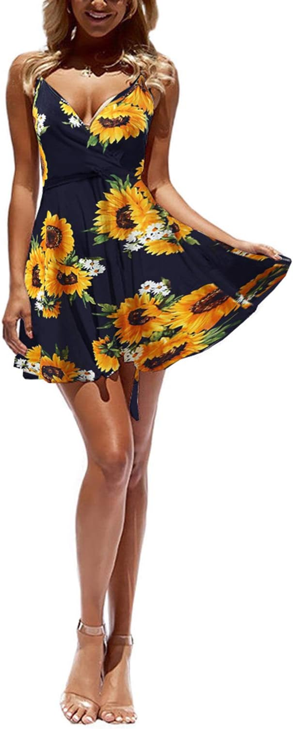 ECOWISH Summer Dresses for Women 2025 V-Neck Spaghetti Strap Bowknot Backless Sleeveless Lace Mini Swing Skater Dress