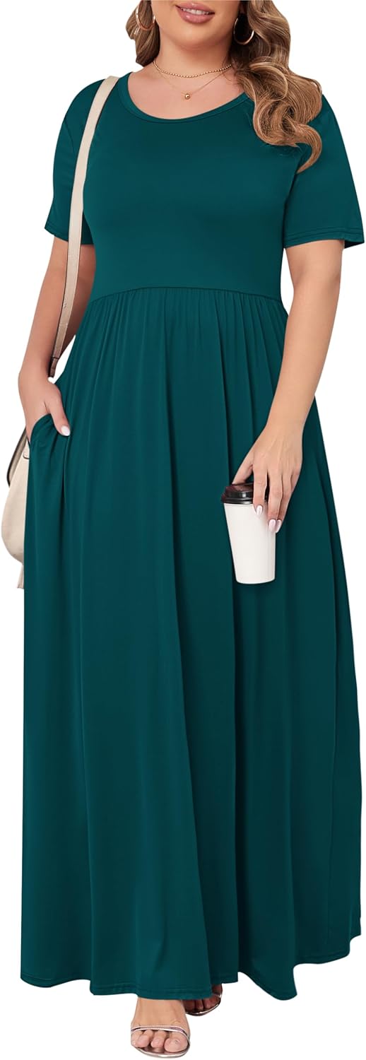 KARALIN Women’s Plus Size Maxi Dresses for Curvy Women Summer Casual Short Sleeve 2025 Long Dress 14W-26W