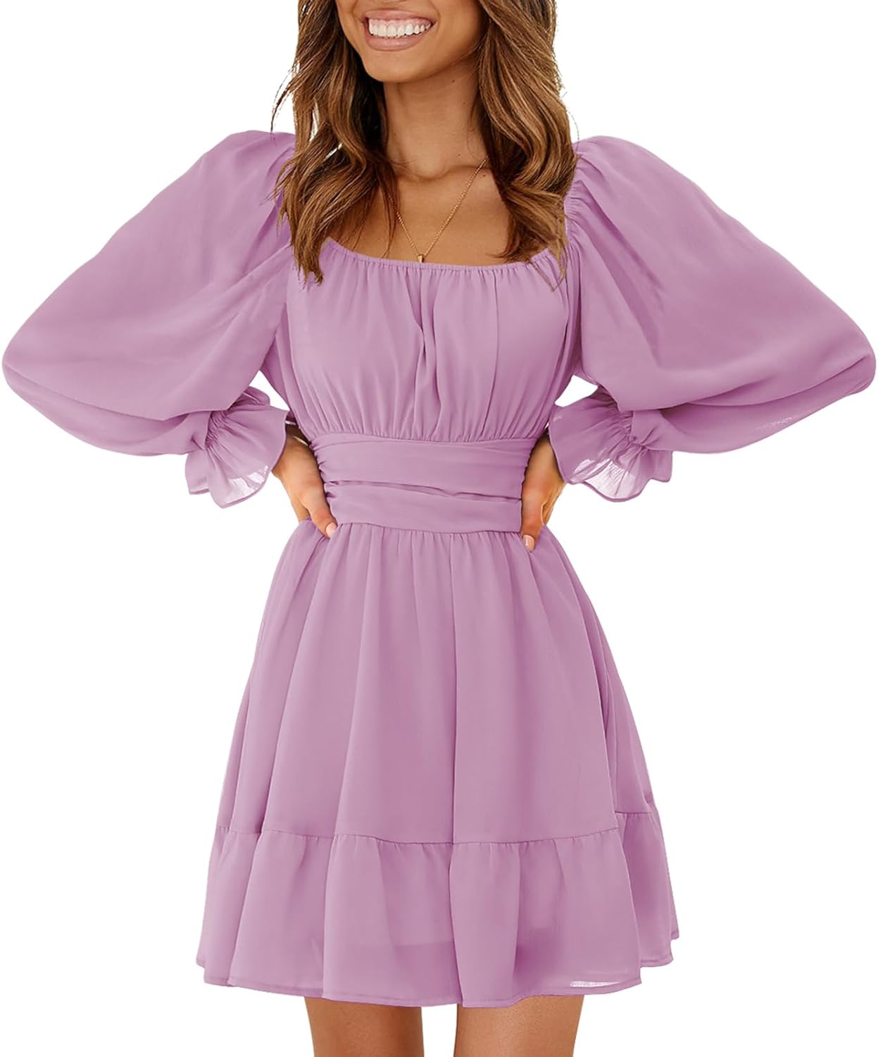 EXLURA Women's 2025 Casual Long Lantern Sleeve Dresses Square Neck Ruffle Tie Back Elastic Waist Aline Short Mini Dress