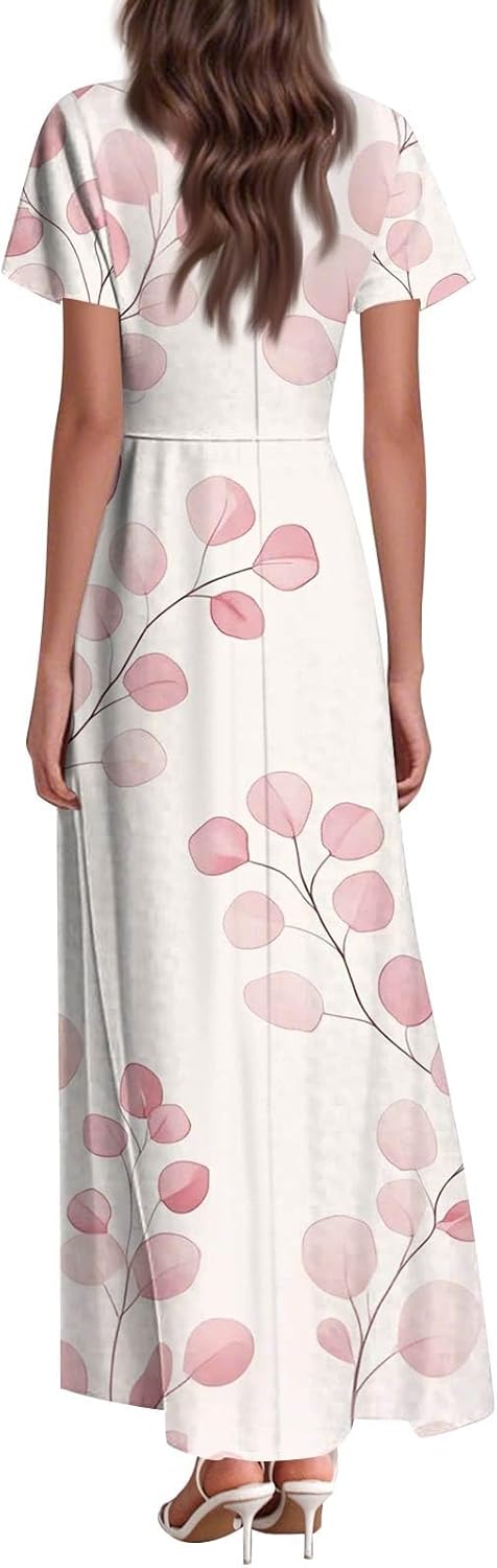 Womens Fashion V Neck Ruffle Short Sleeve Maxi Dress 2025 Summer Elegant Solid Color Flowy A Line Dresses