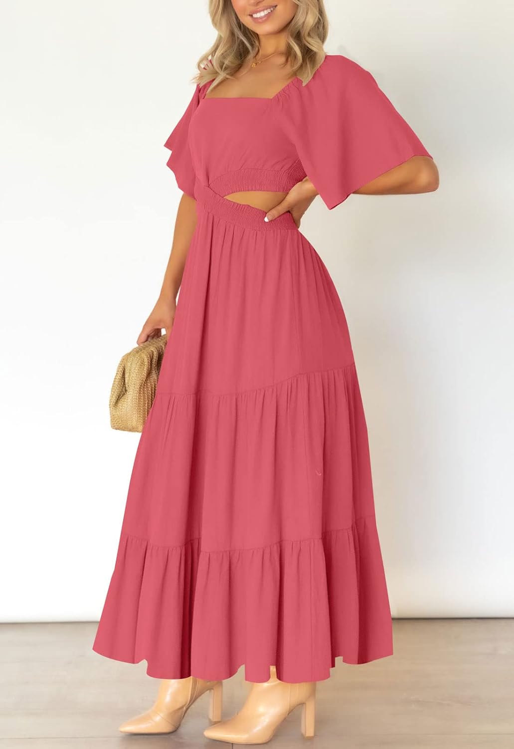 LEANI Women's 2025 Summer Cutout Maxi Dress Square Neck Short Sleeve Crossover Waist Casual Party Dresses