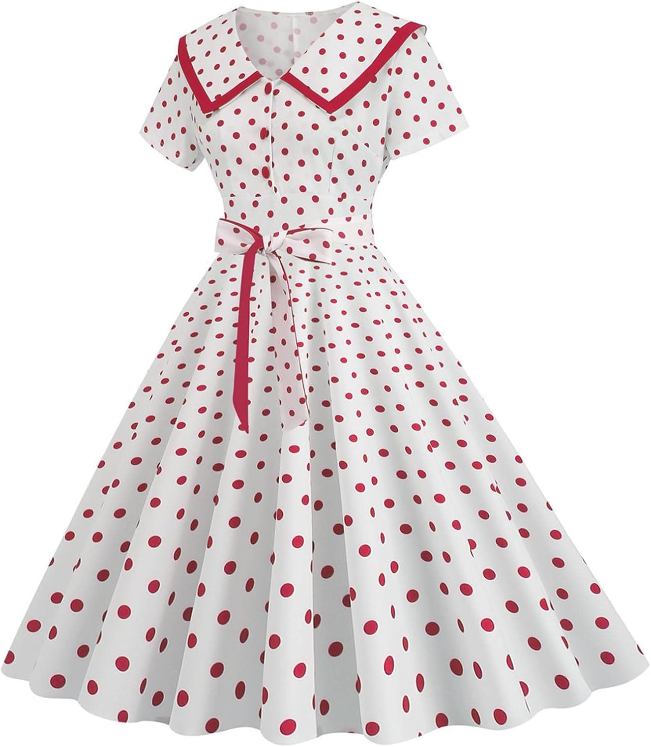 Women's Lapel Rockabilly Dress Cute Polka Dot Print Audrey Dress Button Down Vintage Cocktail Dress 1950s Fairy Dress