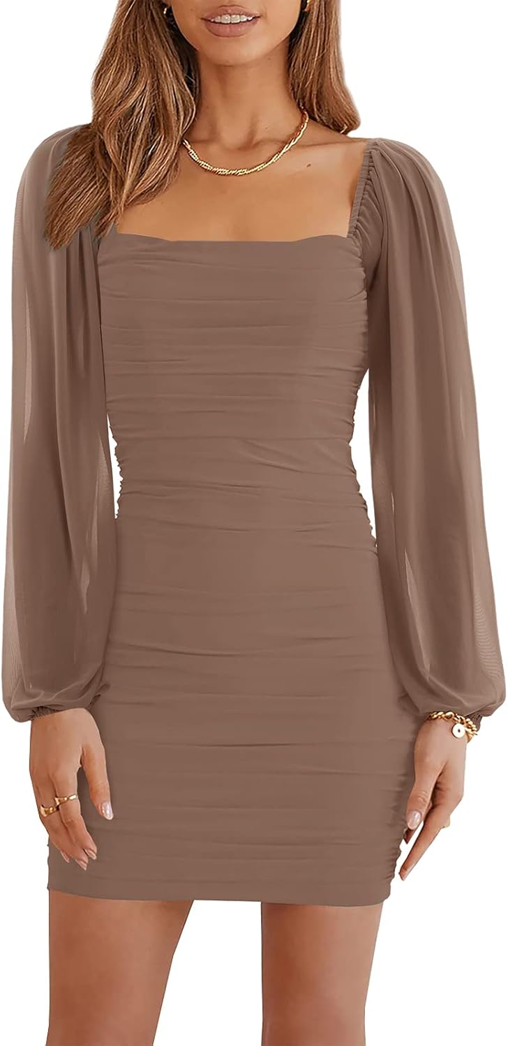 Wenrine Women's Mesh Long Sleeve Square Neck Ruched Party Club Cocktail Bodycon Mini Dress