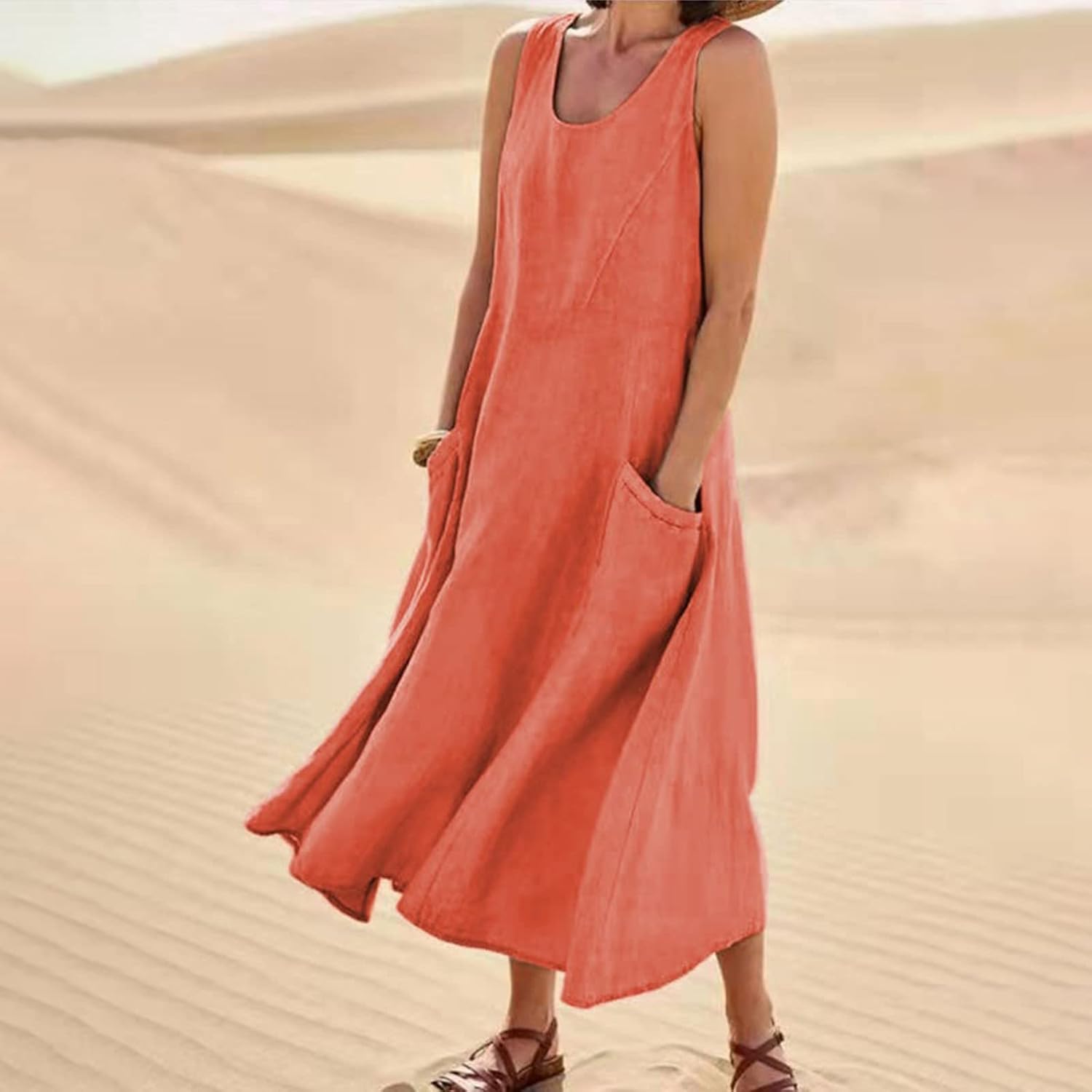 Women's Casual Sleeveless Dresses, Cotton Linen Pocket Dresses Summer Dresses for Women 2024 Sundresses Beach Dress