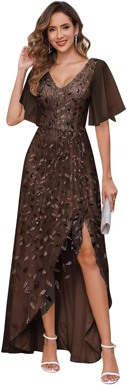 Women's Short Sleeve Mother of The Bride Dresses for Wedding Sparkly Sequin Long Formal Evening Dresses