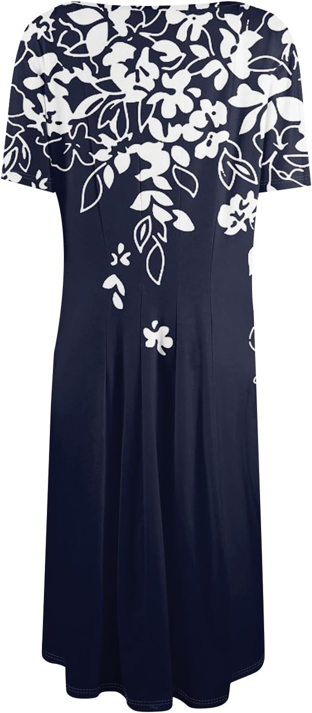 Summer Dresses for Women 2025 Crew Neck Short Sleeve Boho Beach Vacation Floral/Solid Midi Sundresses with Pockets