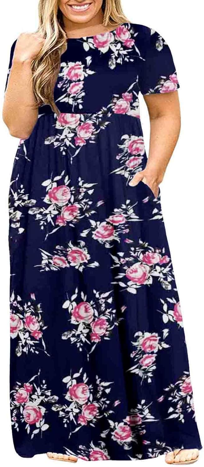 Kancystore Women's Short Sleeve Plus Size Maxi Dress with Pockets Loose Casual Summer Dresses