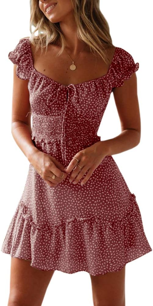 YOBECHO Women's Summer Ruffle Sleeve Sweetheart Neckline Printing Dress Mini Dress