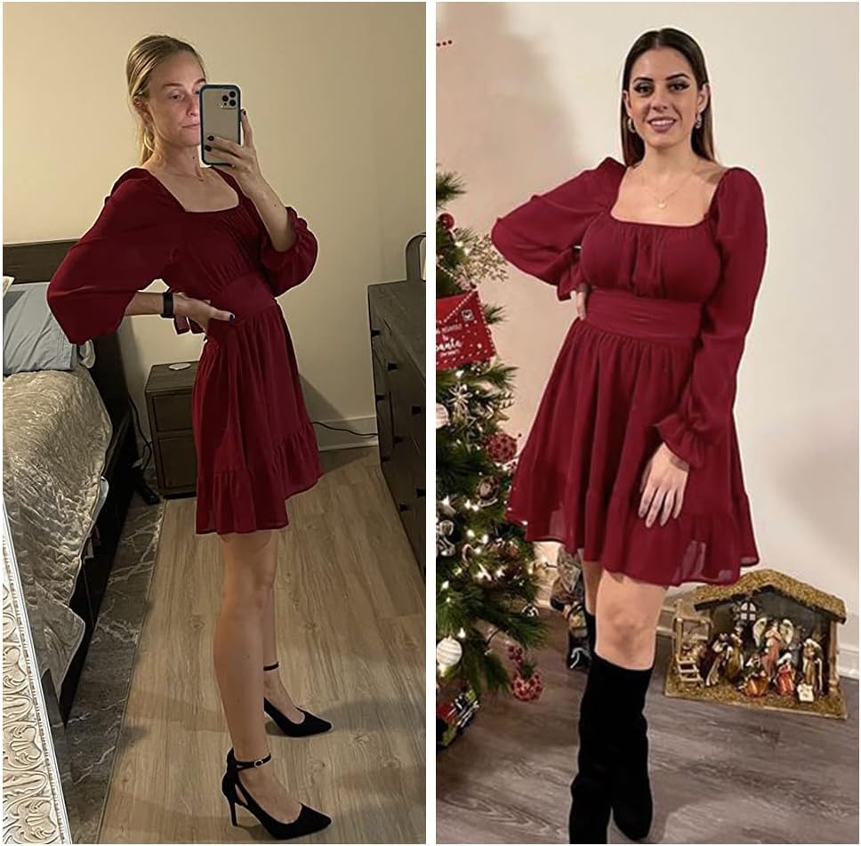 EXLURA Women's 2025 Casual Long Lantern Sleeve Dresses Square Neck Ruffle Tie Back Elastic Waist Aline Short Mini Dress