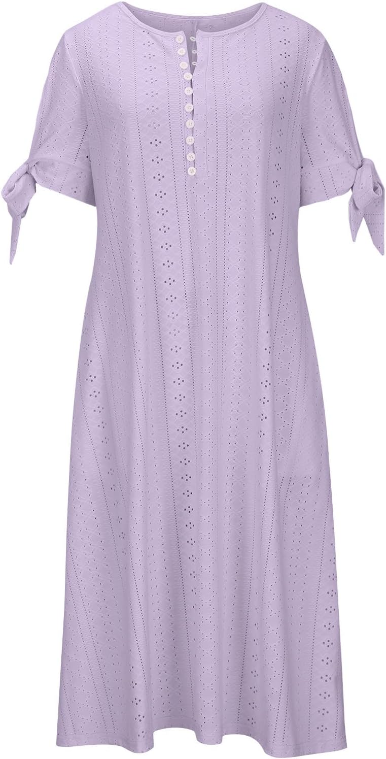 Boho Dresses for Women 2024 Fashion Summer Short Sleeve Eyelet Notch V Neck Sundress Beach Casual Maxi Long Dress