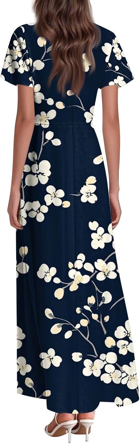 Womens Fashion V Neck Ruffle Short Sleeve Maxi Dress 2025 Summer Elegant Solid Color Flowy A Line Dresses