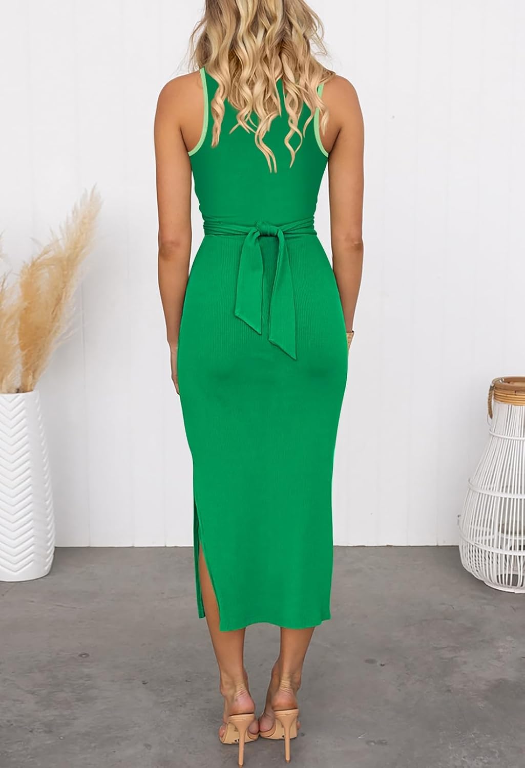HUUSA Women's Sexy Sleeveless Cut Out Slim Bodycon Dress Crewneck Crisscross Twist Ruched Slit Ribbed Knit Tank Midi Dress