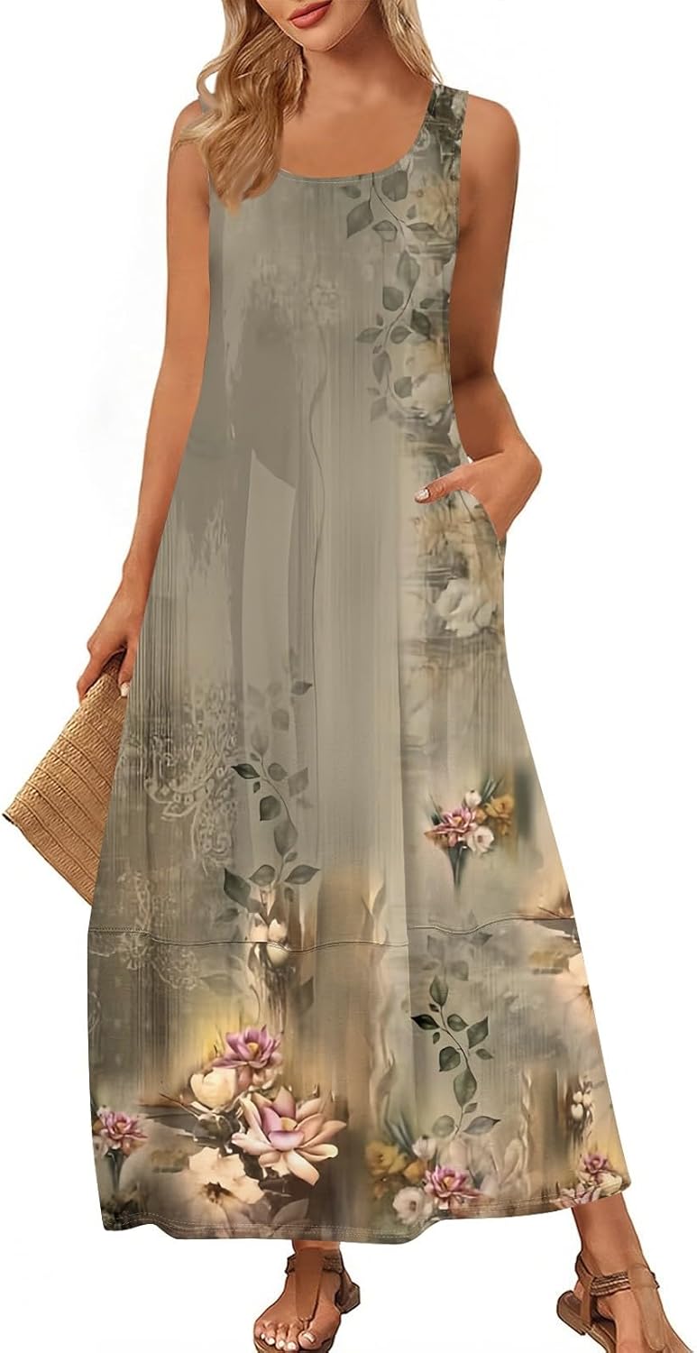 Womens Summer Tank Dress Vacation Boho Floral Long Dresses with Pockets Resort Wear Swing Beach Sleeveless Sundress