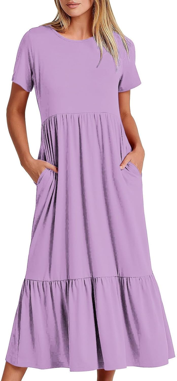 XUNRYAN Summer Dresses for Women 2024 Casual Calf Length Maxi Dress Pleated Flowy Tiered Swing Beach Sundress with Pockets