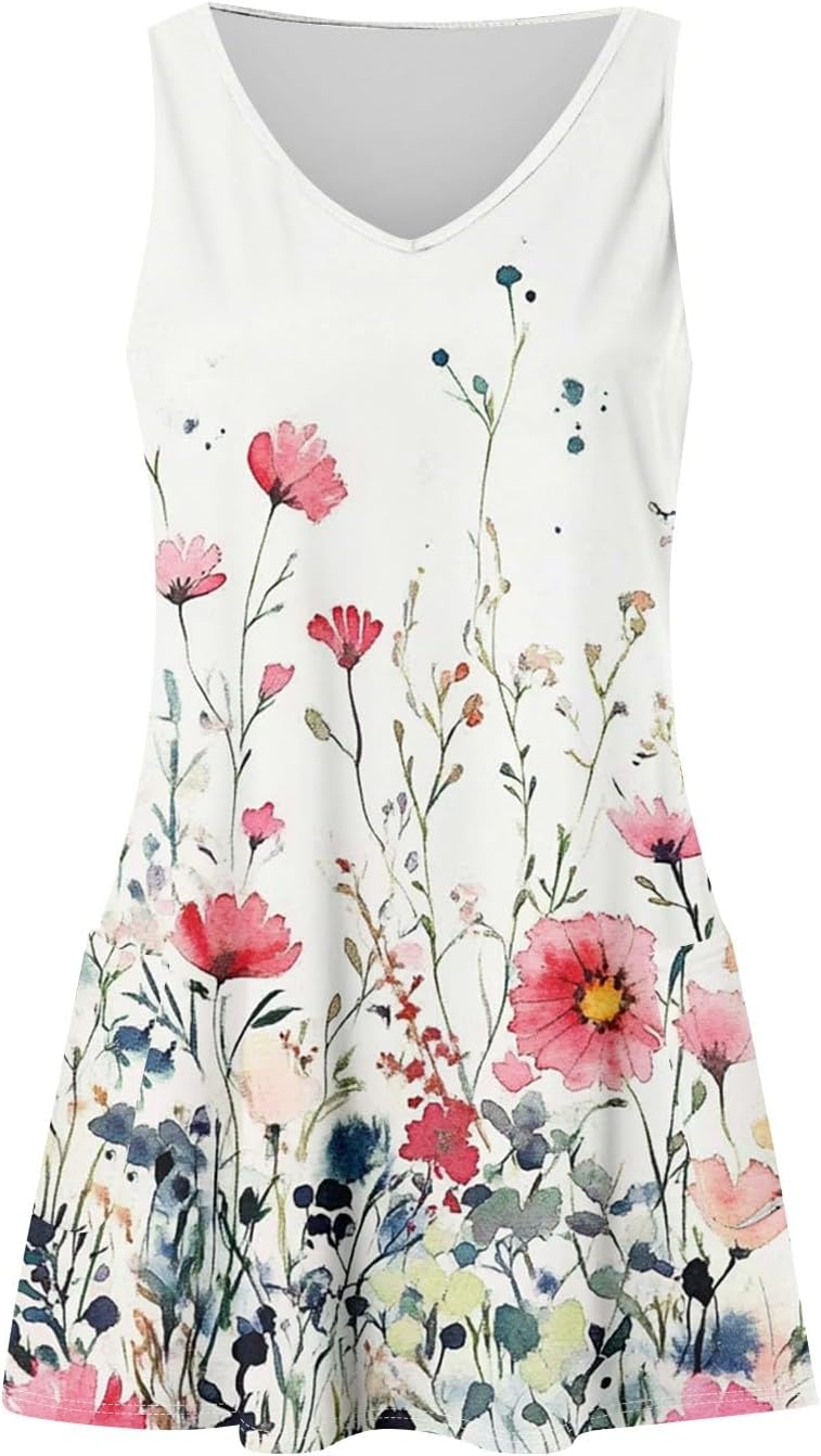 Women's Sleeveless Floral Print Summer Dress Casual V-Neck A-Line Mini Dress for Beach Party and Daily Wear