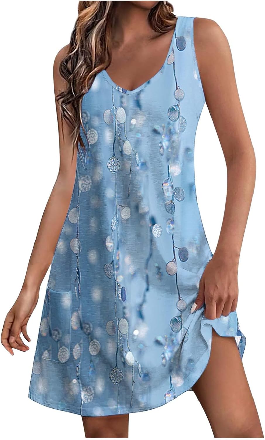 Womens 2025 Spring Summer Dresses Casual Floral Print V-Neck Tank Dress Curve Hem Pleated A-Line Sundresses