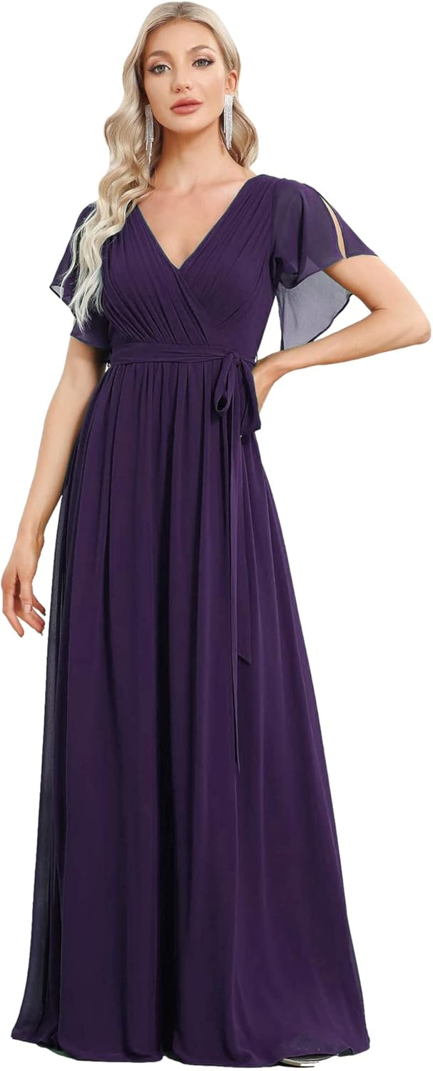 Ever-Pretty Women's Bridesmaid Dress V-Neck Ruffle Sleeves Ruched Bust Floor Length Chiffon Formal Dresses 0164A