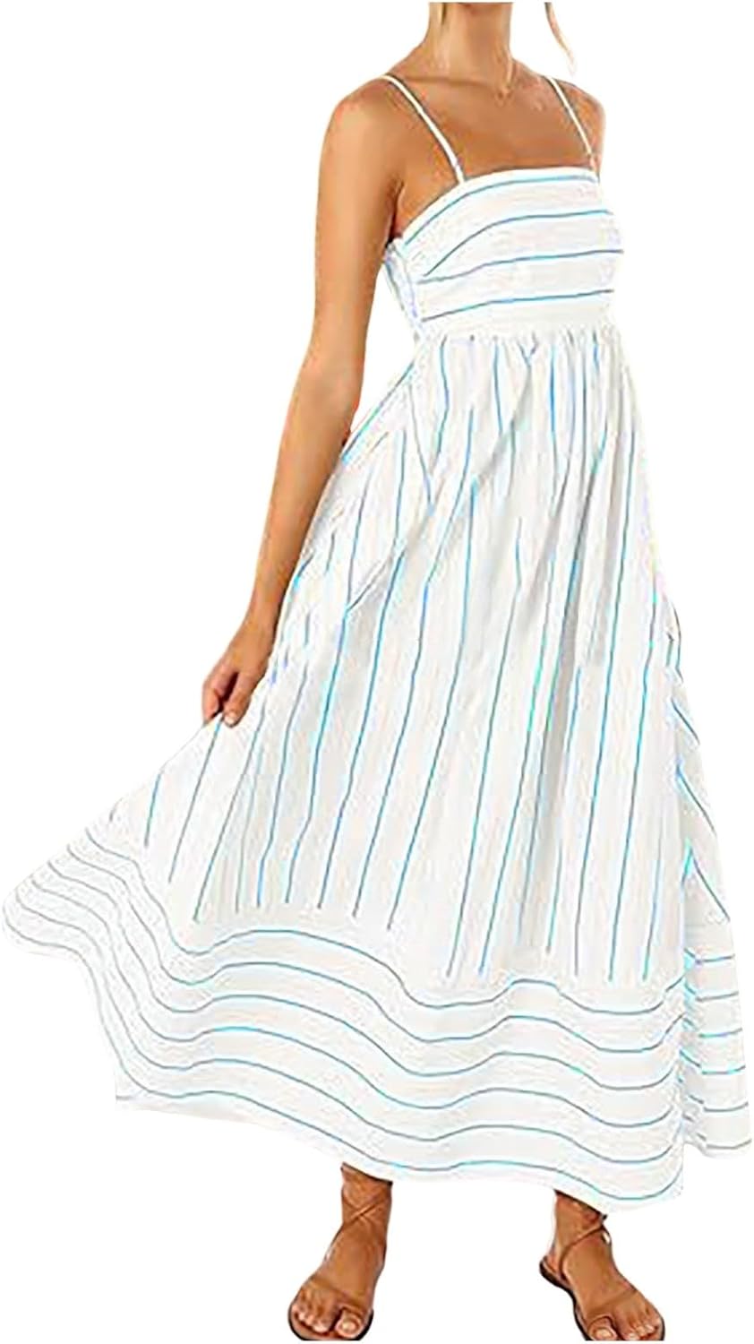 Beach Dresses for Women Summer Striped Back Smocked Maxi Dress Spaghetti Strap Cut Out Flowy A Line Long Sundresses