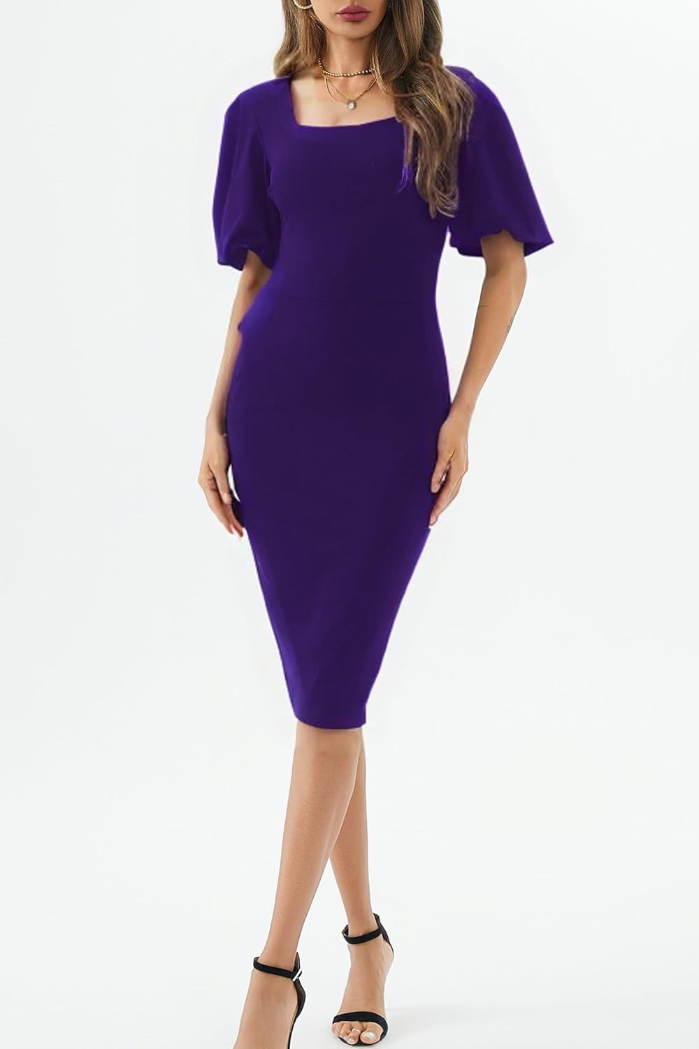 Womens Summer Dresses Square Neck Lantern Sleeve Bodycon Pencil Midi Dress
