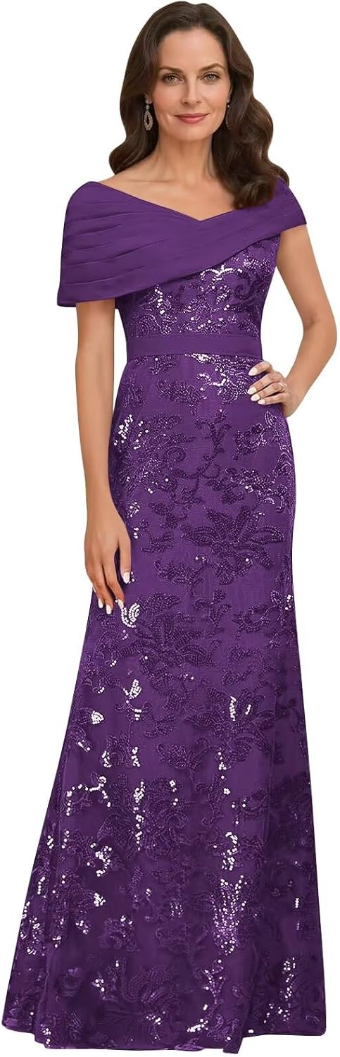 Lace Sequin Mother of The Bride Dresses for Women Long Mermaid Off The Shoulder Formal Evening Dress with Sleeves