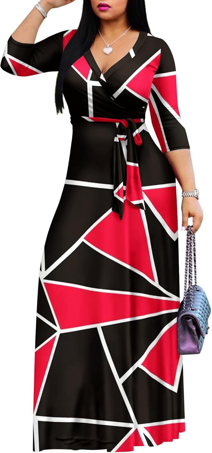 FANDEE Plus Size Maxi Dress for Women Casual Summer Sundress V-Neck 3/4 Sleeve