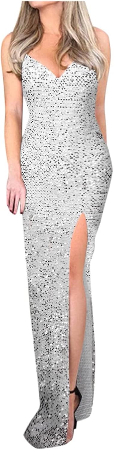 Spaghetti Straps Sequin Prom Dresses Long Mermaid Glitter Backless Evening Party Gowns Slit Wedding Guests Dresses