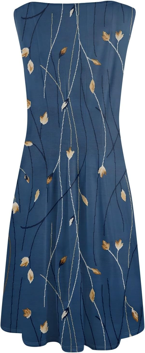 Womens Tank Sundress 2025 Casual Floral Print Tshirt Dress Swing Sleeveless Midi Dress Crewneck Pleated Summer Dresses