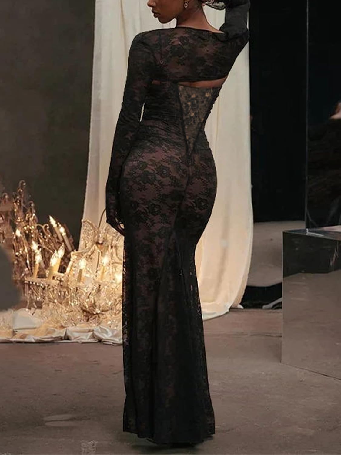 Women Vintage Cream Lace Maxi Dress Romantic Long Sleevees Lace Bodycon Dress
