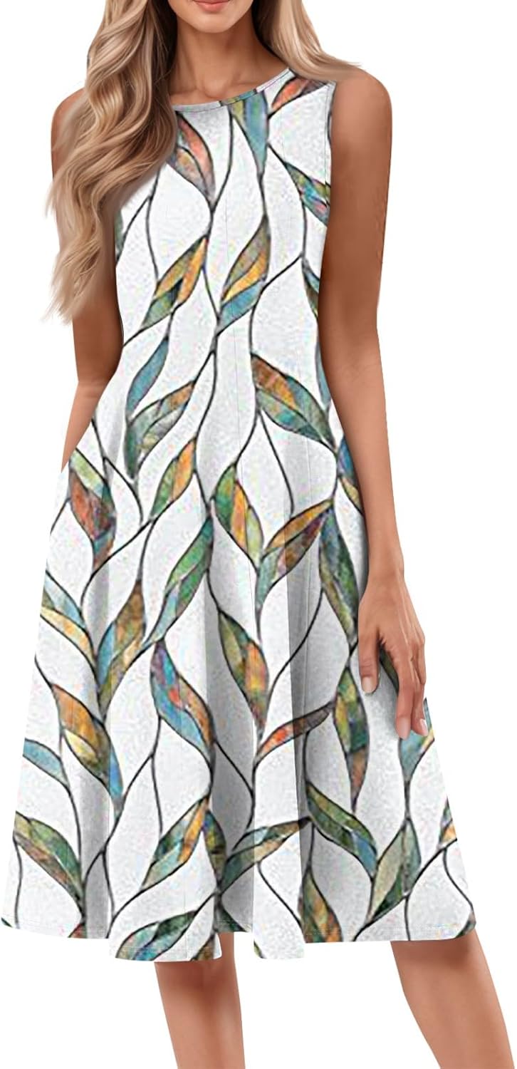 Womens Tank Sundress 2025 Casual Floral Print Tshirt Dress Swing Sleeveless Midi Dress Crewneck Pleated Summer Dresses