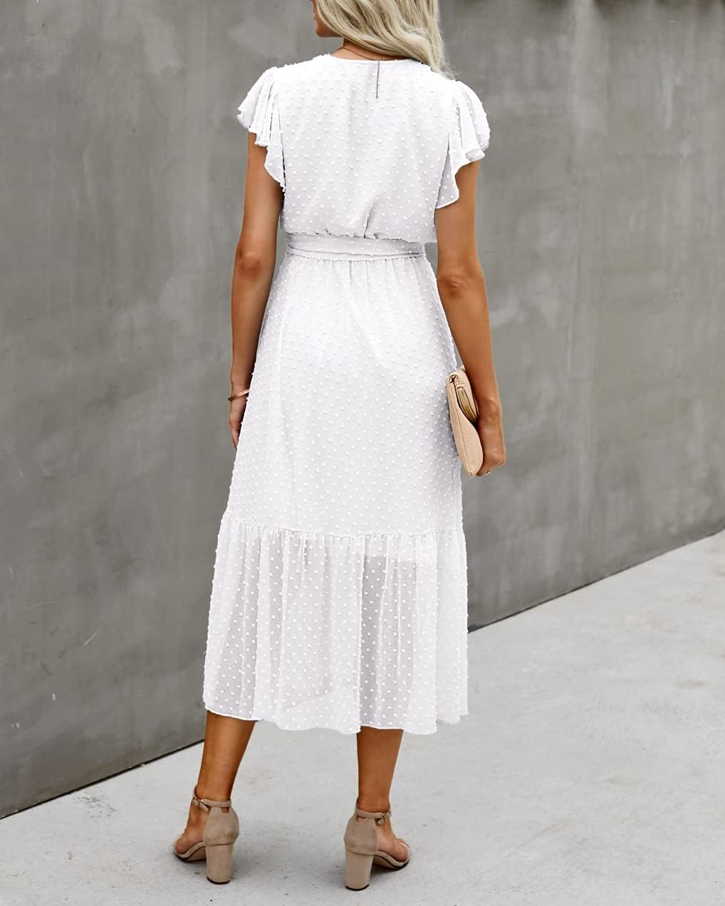 BTFBM Women Summer Bohemian Floral Casual Wrap V Neck Ruffle Cap Sleeveless Belt A-Line Pleated Hem Midi Sun Dress White