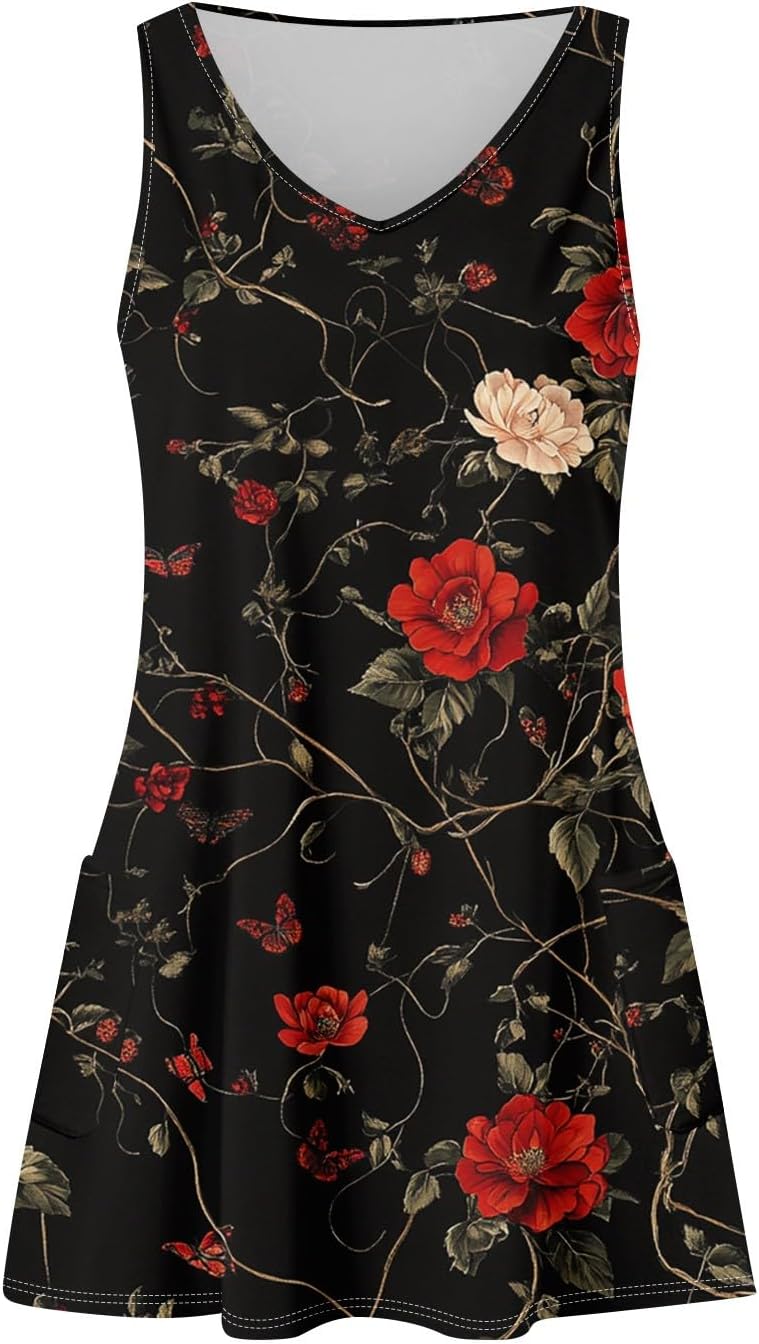 Women's Sleeveless Floral Print Summer Dress Casual V-Neck A-Line Mini Dress for Beach Party and Daily Wear