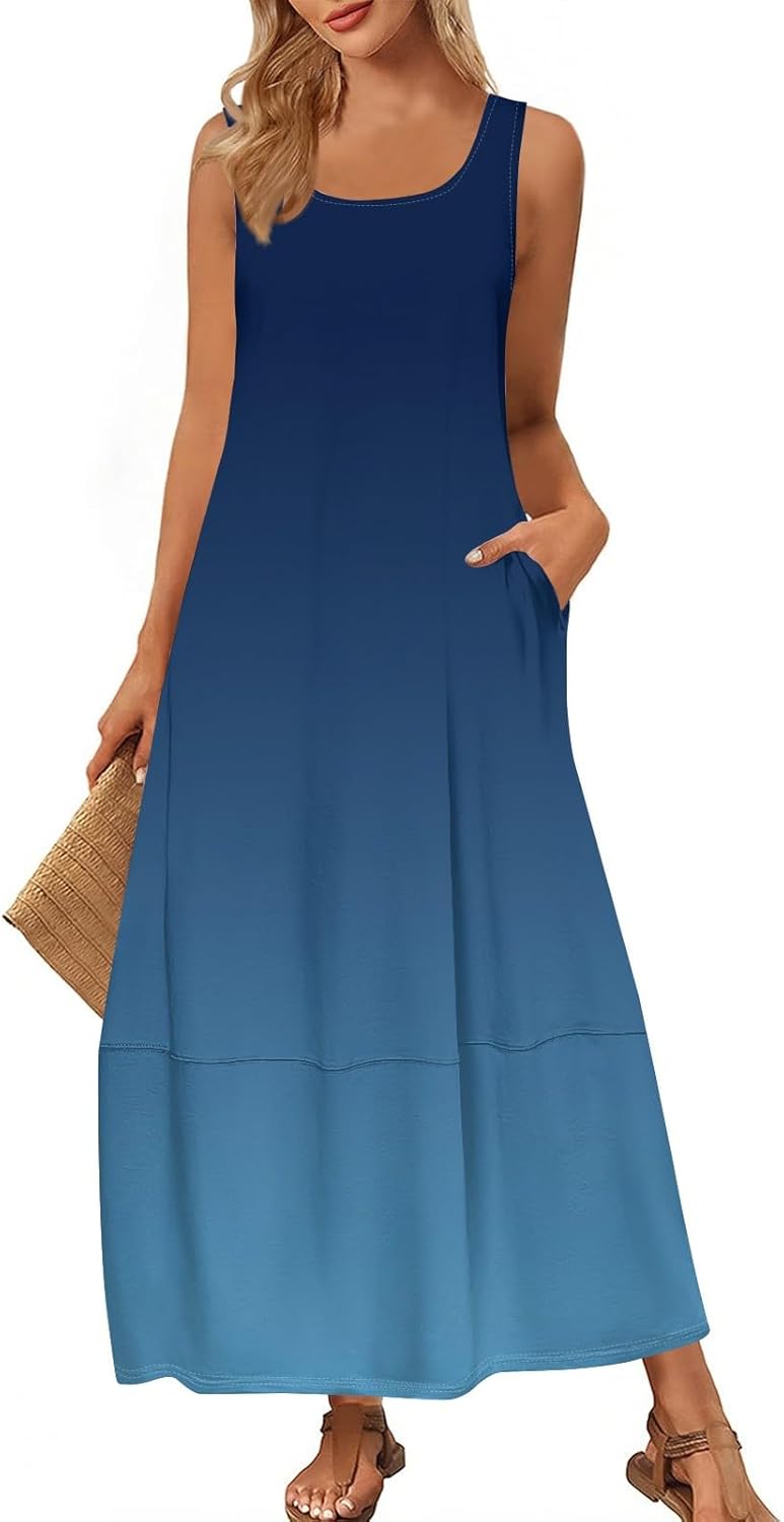 Womens Summer Tank Dress Vacation Boho Floral Long Dresses with Pockets Resort Wear Swing Beach Sleeveless Sundress