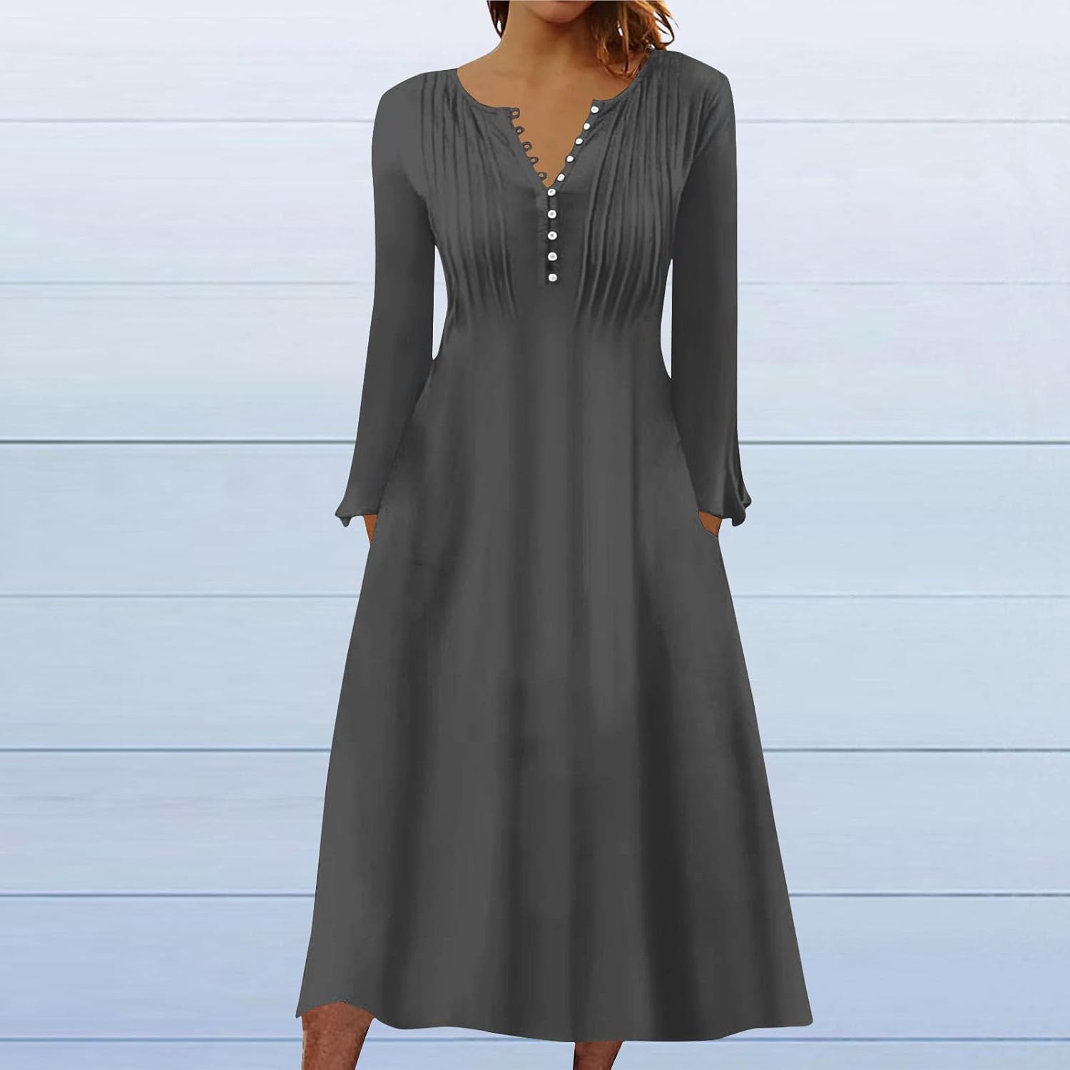 DOPOCQ Fall Women Dresses 2023 Long Sleeve V Neck Plus Size Maxi Dress Boho Dress High Waisted A-Line Dress with Pocket