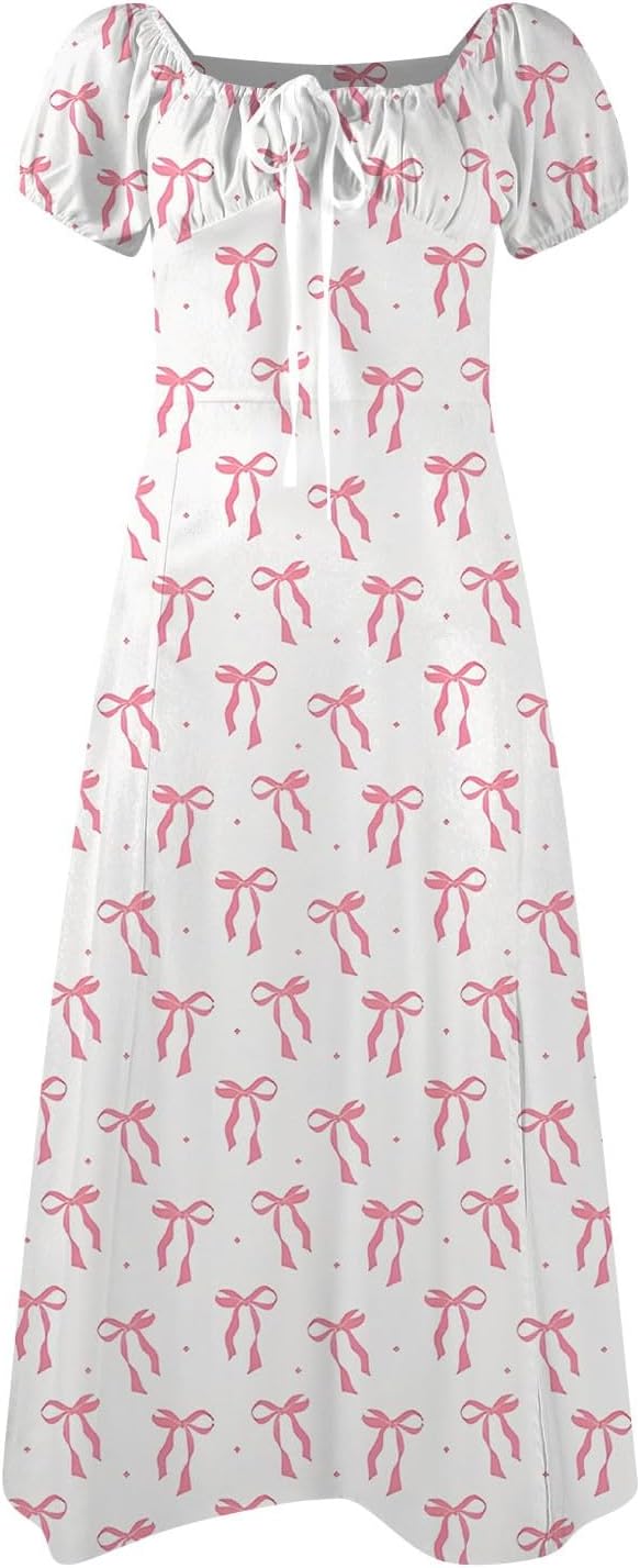 Women's Sundresses 2025 Summer Casual Loose Trendy Bubble Sleeve Square Neck Split Bow Floral Print Dress Plus Size, XS-3XL