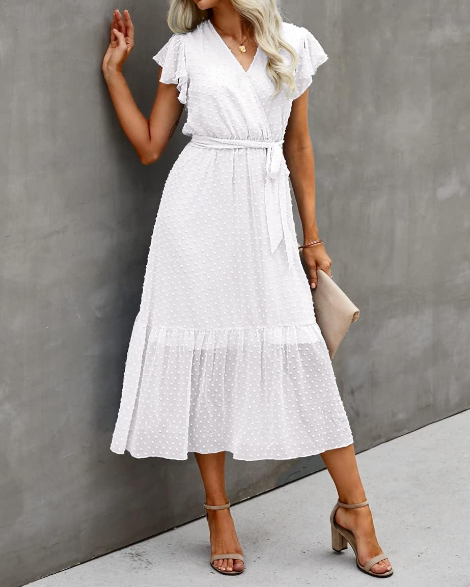 BTFBM Women Summer Bohemian Floral Casual Wrap V Neck Ruffle Cap Sleeveless Belt A-Line Pleated Hem Midi Sun Dress White