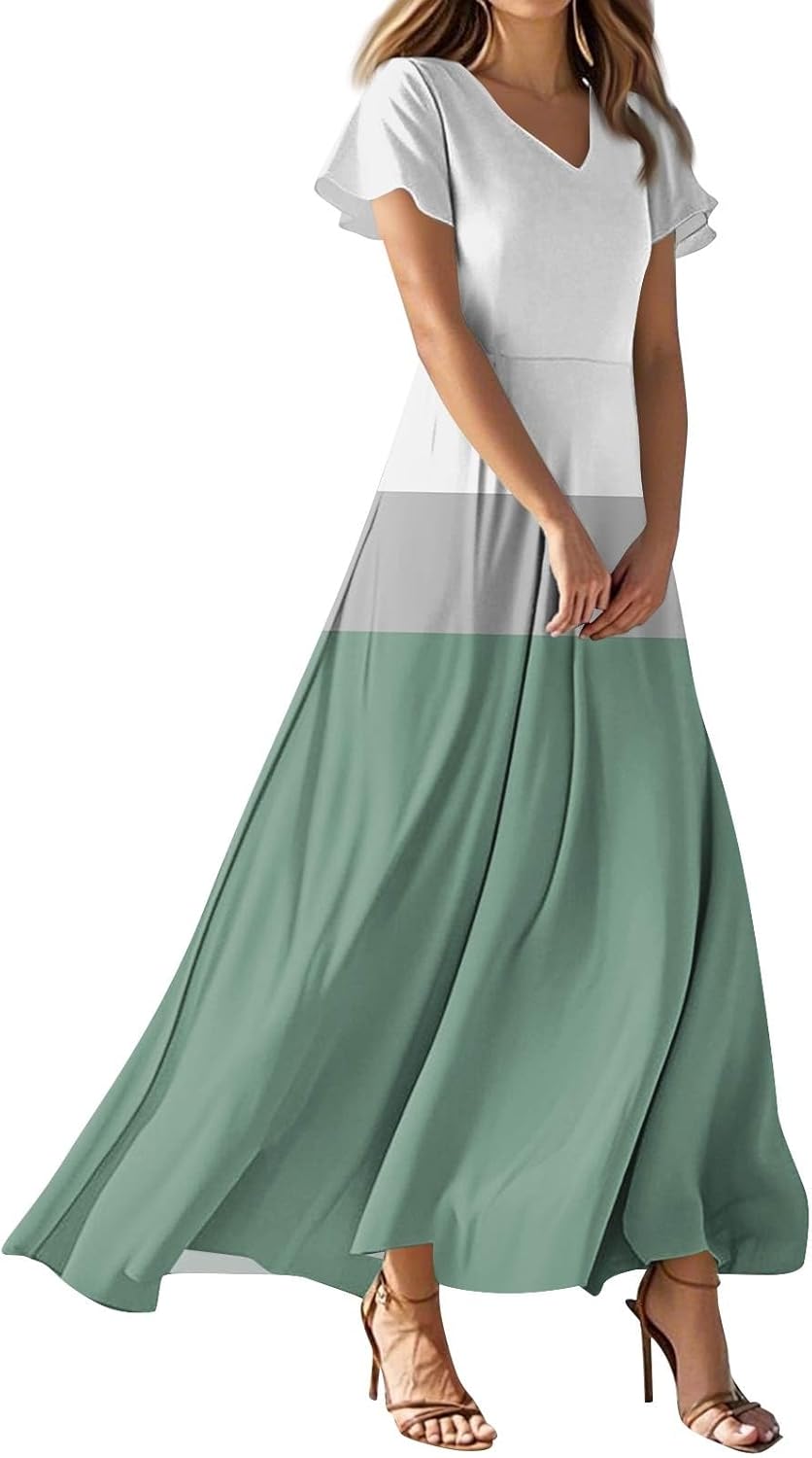 Womens Fashion V Neck Ruffle Short Sleeve Maxi Dress 2025 Summer Elegant Solid Color Flowy A Line Dresses