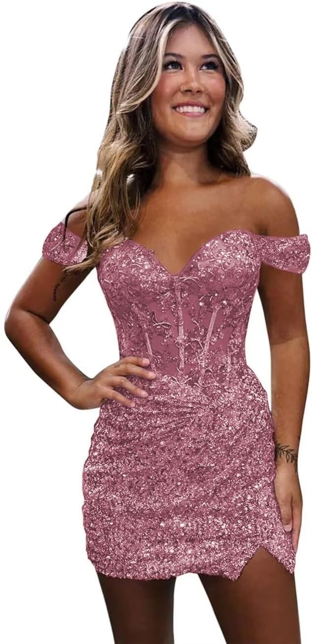 Sparkly Off Shoulder Sequin Homecoming Dresses 2025 Short Tight Mermaid Cocktail Dress Teens HOCO Corset Gowns